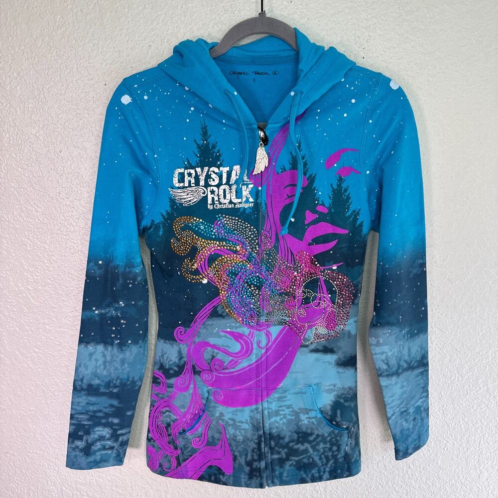Christian Audigier Y2K Jacket Womens Small Crystal Rock Rhinestone Art Hoodie
